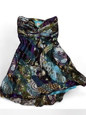 Y2K Cache Strapless Multicolor Print Dress — Purple, Teal, Green, Black